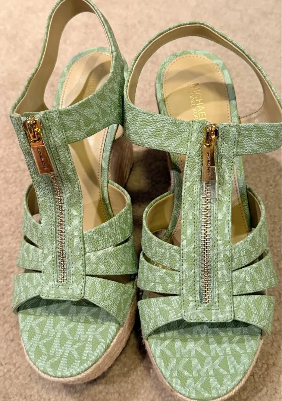 Michael Kors Green MK Logo Zip Wedge Heel Sandals Espadrille Size 9.5M